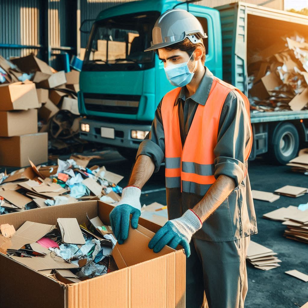 Trabalhador coletando materiais recicláveis em um local de reciclagem.