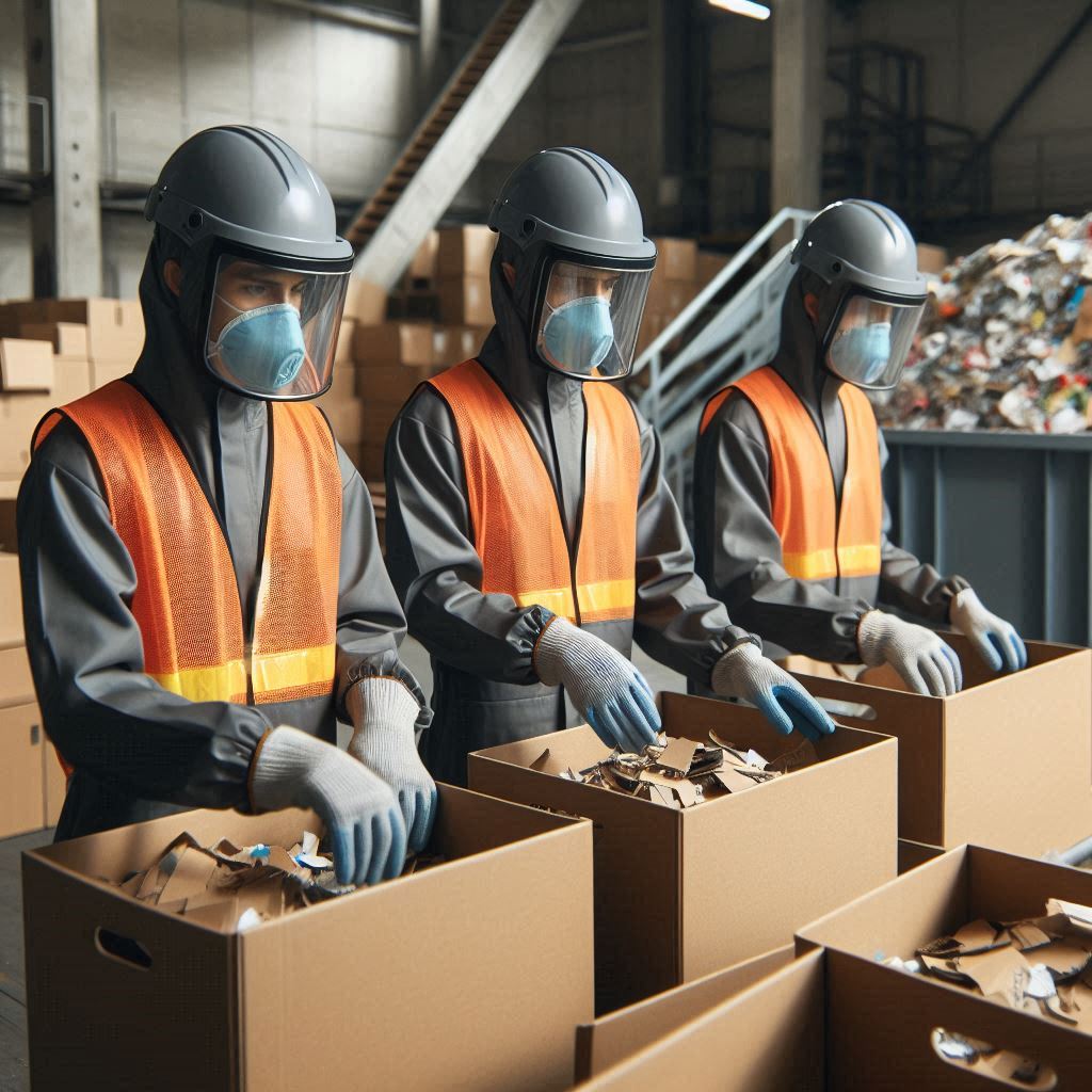 Funcionários com EPIs separando papelão em uma instalação de reciclagem