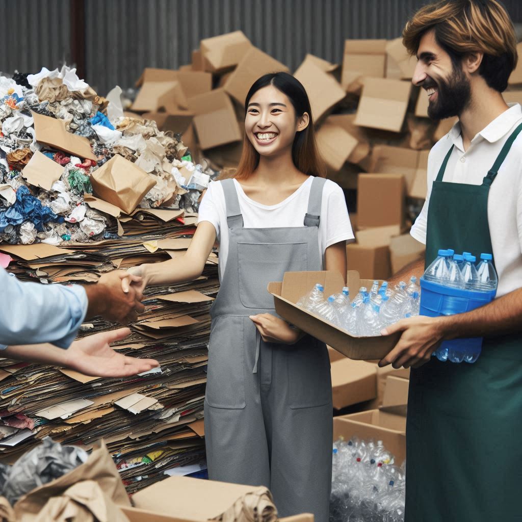 Funcionários da ReciclaEcoFlow separando materiais recicláveis em uma instalação de reciclagem.